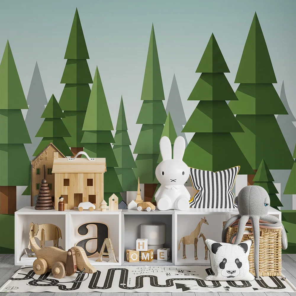 Papel de parede crianç | Floresta geométrica com árvores estilizadas