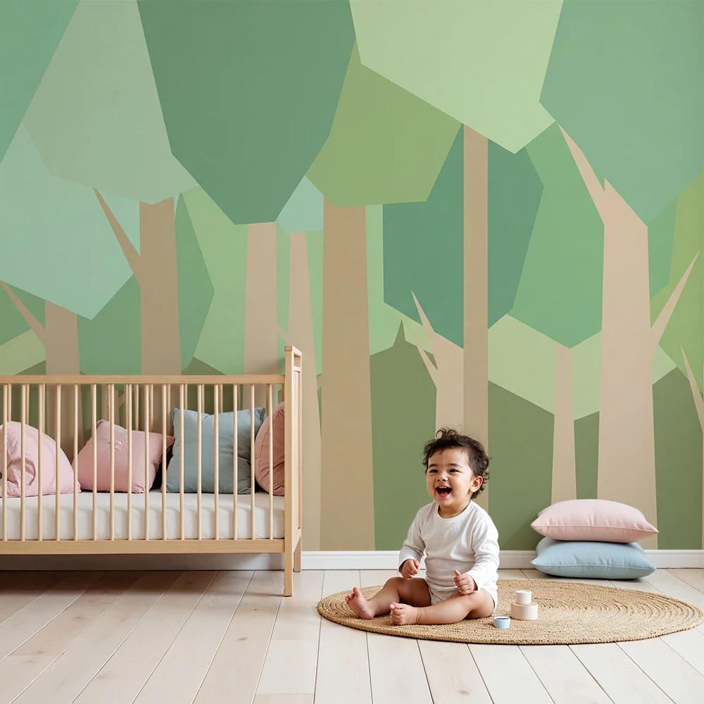 Papel de parede crianç | Floresta geométrica em tons suaves