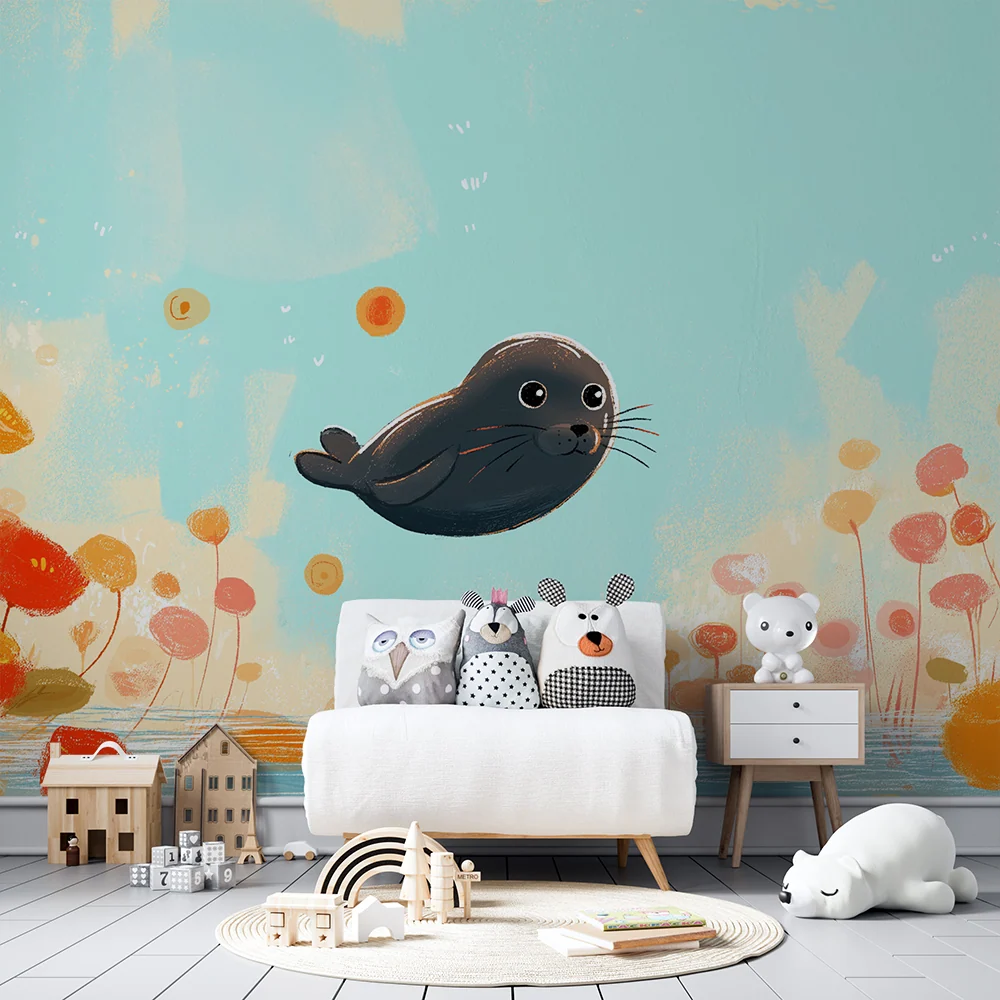 Papel de parede crianç | Foca feliz nadando entre flores coloridas