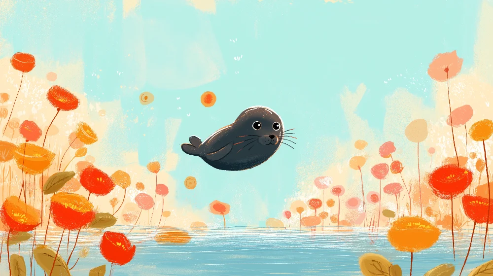 Papel de parede crianç | Foca feliz nadando entre flores coloridas