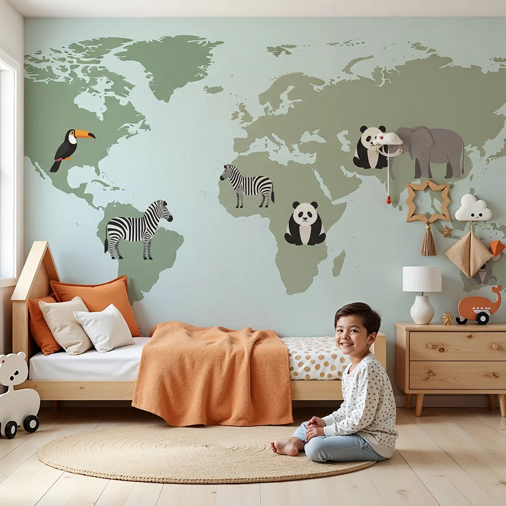 Papel de parede crianç | Harta lumii cu animale colorate și exotice