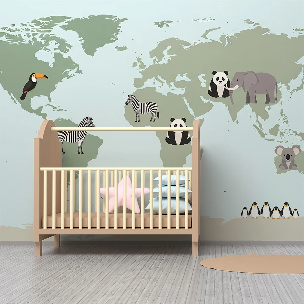 Papel de parede crianç | Harta lumii cu animale colorate și exotice