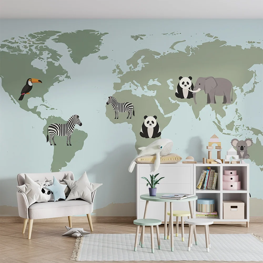 Papel de parede crianç | Harta lumii cu animale colorate și exotice