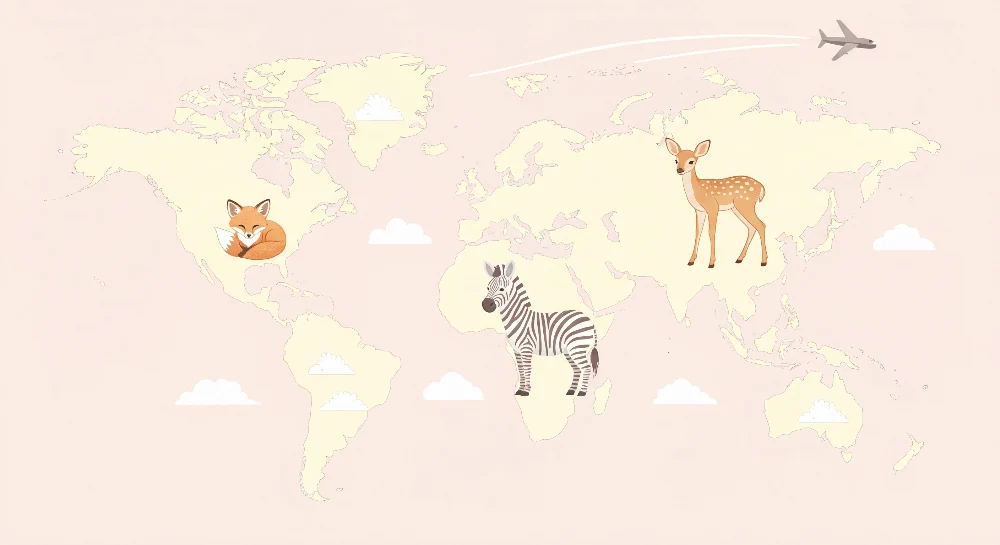 Papel de parede crianç | Harta lumii cu animale dragute si nori