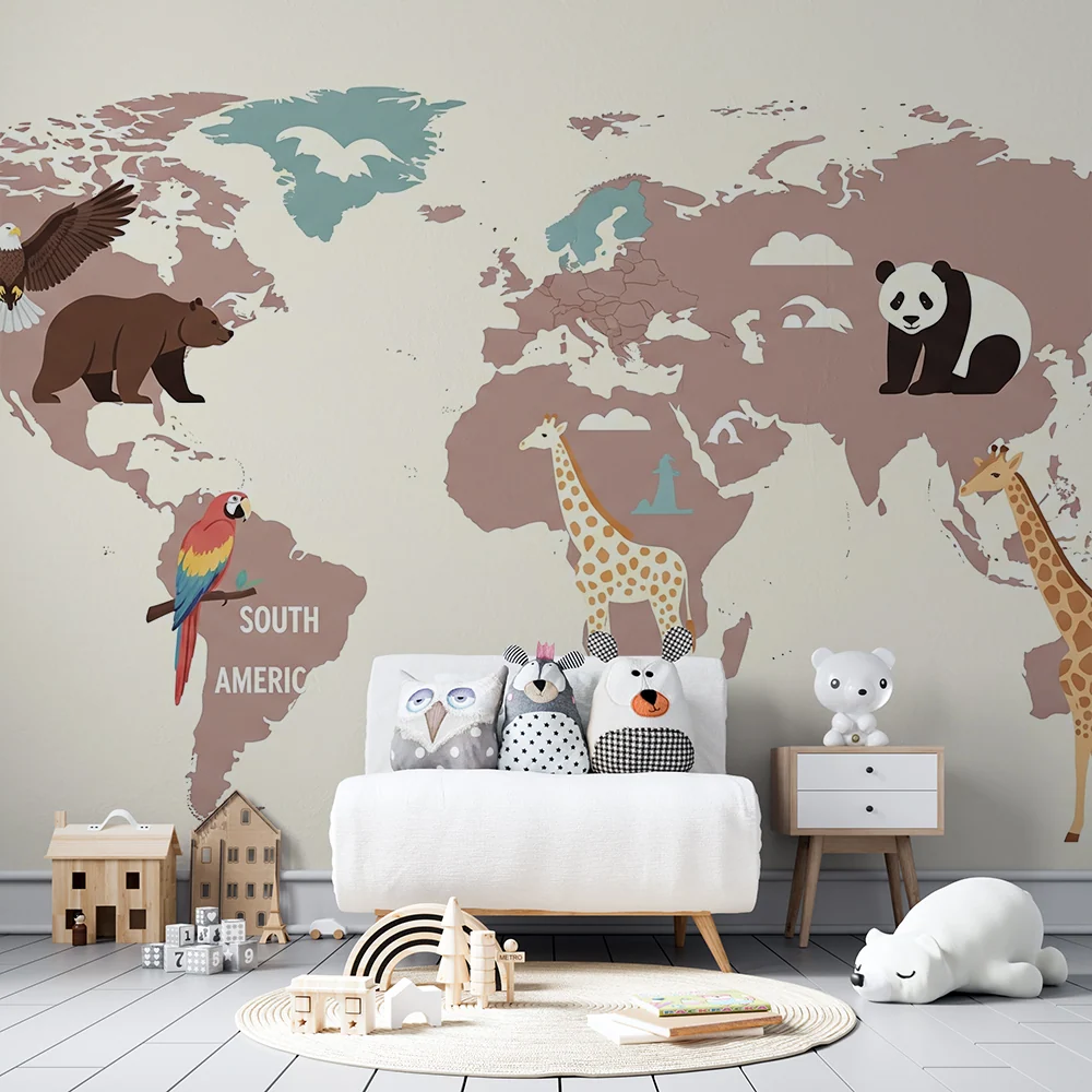 Papel de parede crianç | Harta lumii colorată cu animale terestre