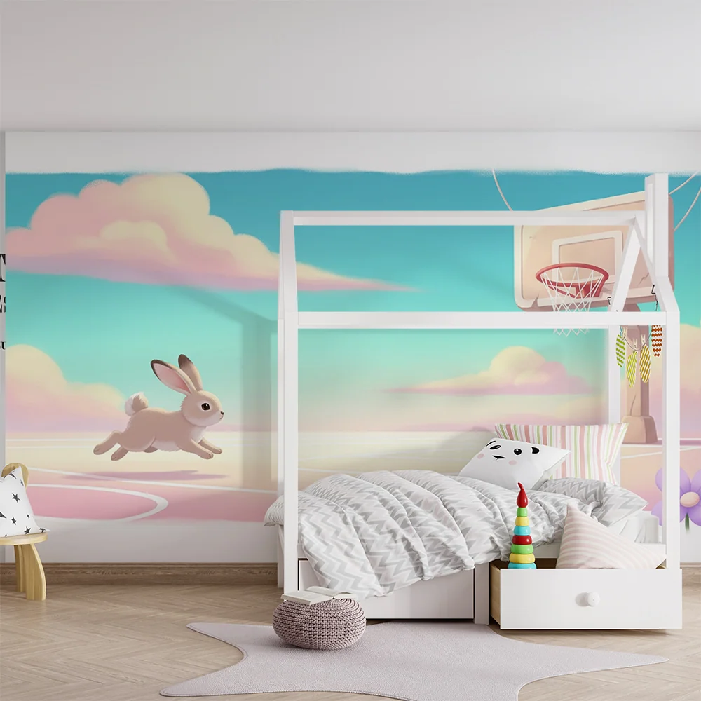 Papel de parede crianç | Iepurele jucător de baschet într-un cer pastel