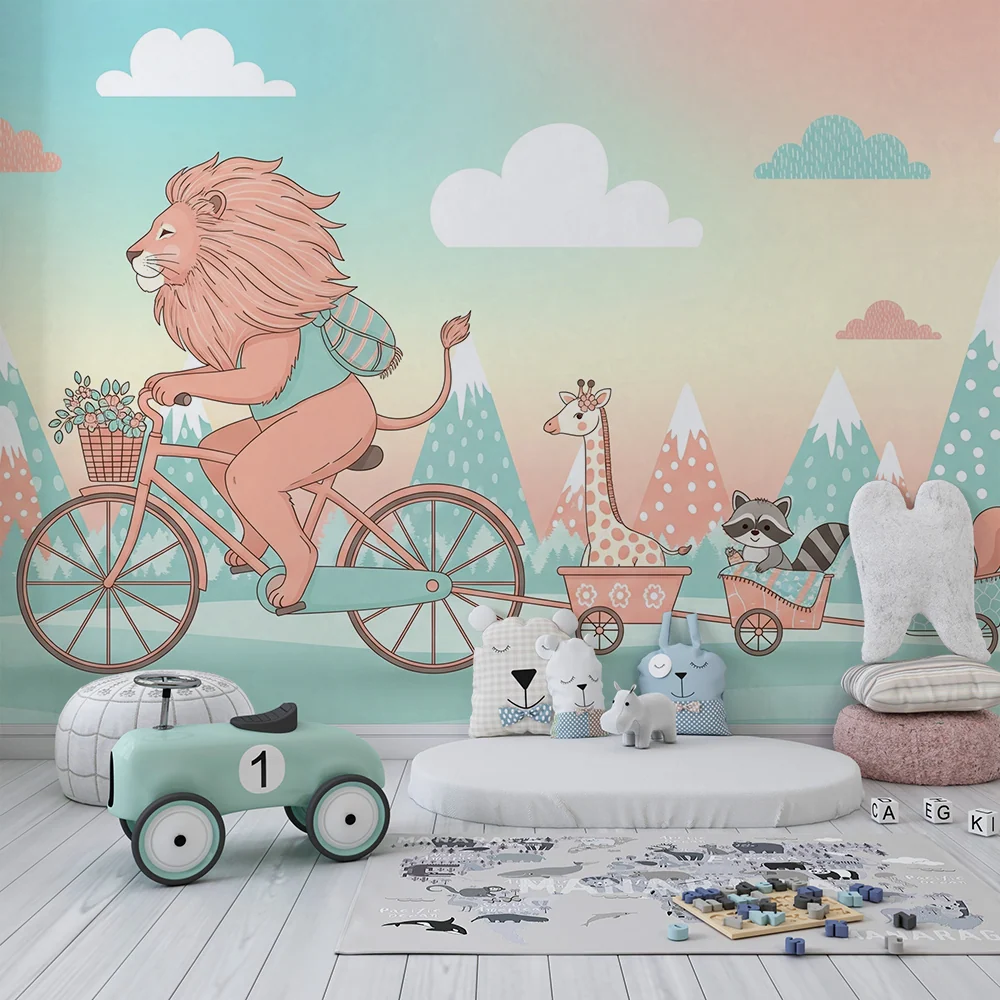 Papel de parede crianç | Leu pe bicicletă cu prietenii săi animale
