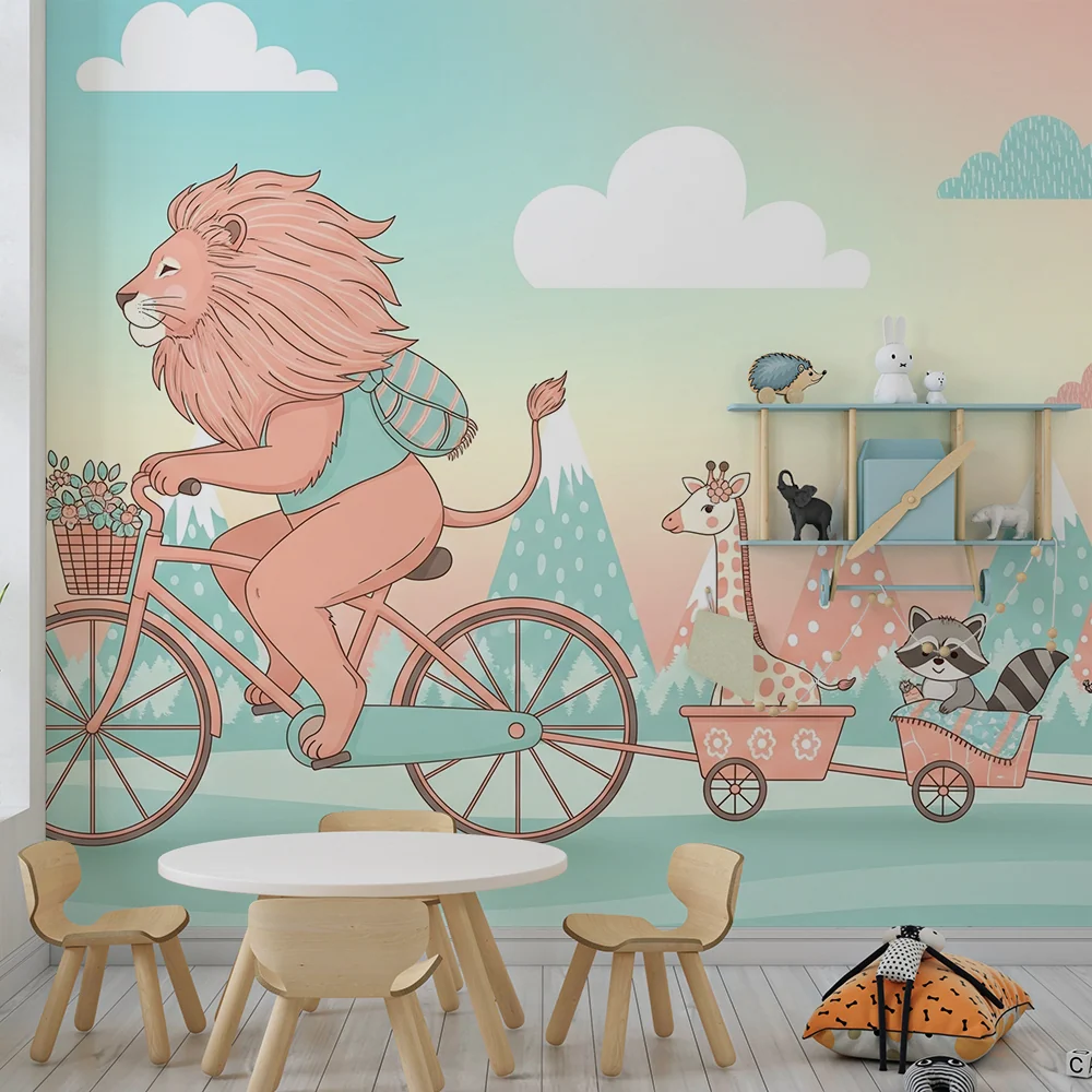 Papel de parede crianç | Leu pe bicicletă cu prietenii săi animale