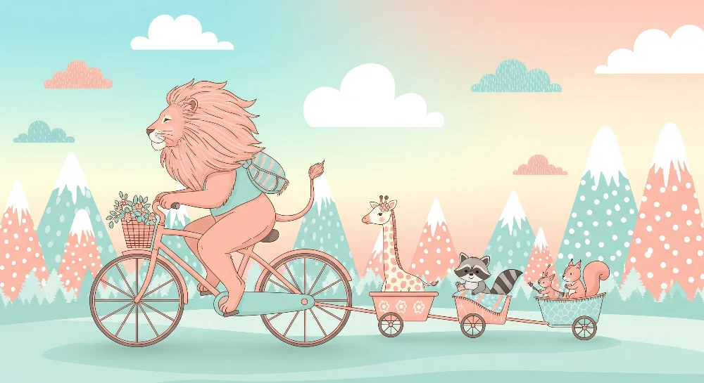 Papel de parede crianç | Leu pe bicicletă cu prietenii săi animale