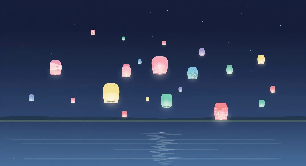 Papel de parede crianç | Luminárias coloridas iluminando um céu noturno tranquilo
