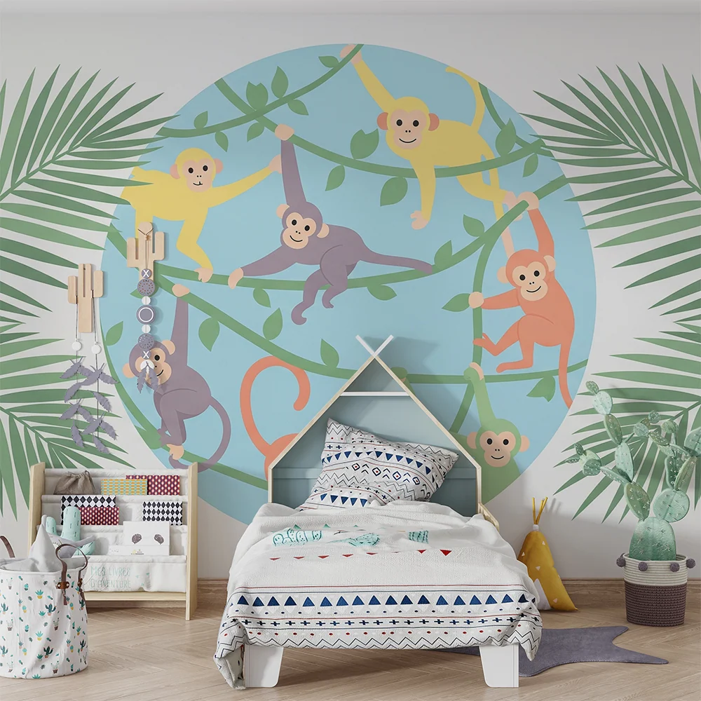 Papel de parede crianç | Maimuțe jucause într-o junglă colorată