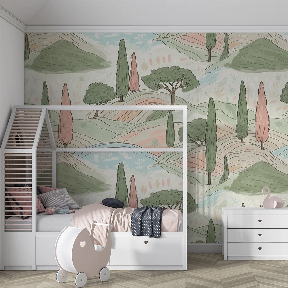 Papel de parede crianç | Paisagem pastoral com colinas e árvores estilizadas
