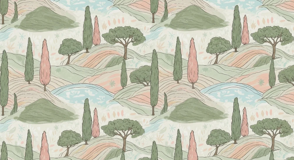 Papel de parede crianç | Paisagem pastoral com colinas e árvores estilizadas