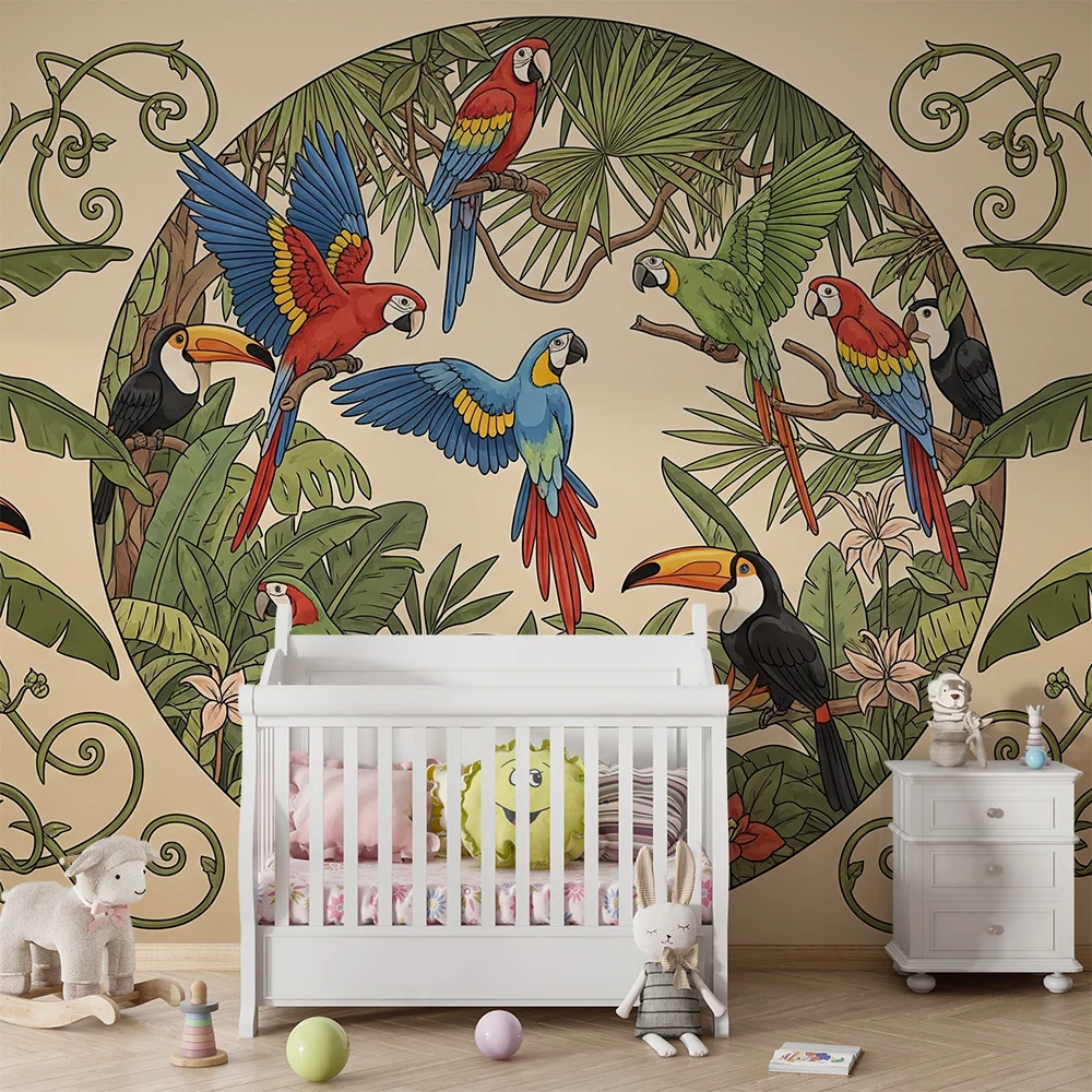 Papel de parede crianç | Paradis tropical com papagaios coloridos e tucanos