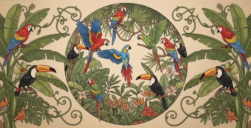 Papel de parede crianç | Paradis tropical com papagaios coloridos e tucanos