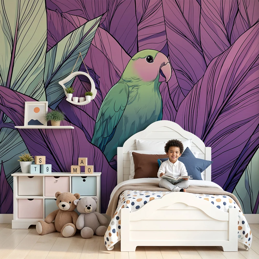Papel de parede crianç | Pasăre colorată printre frunze tropicale
