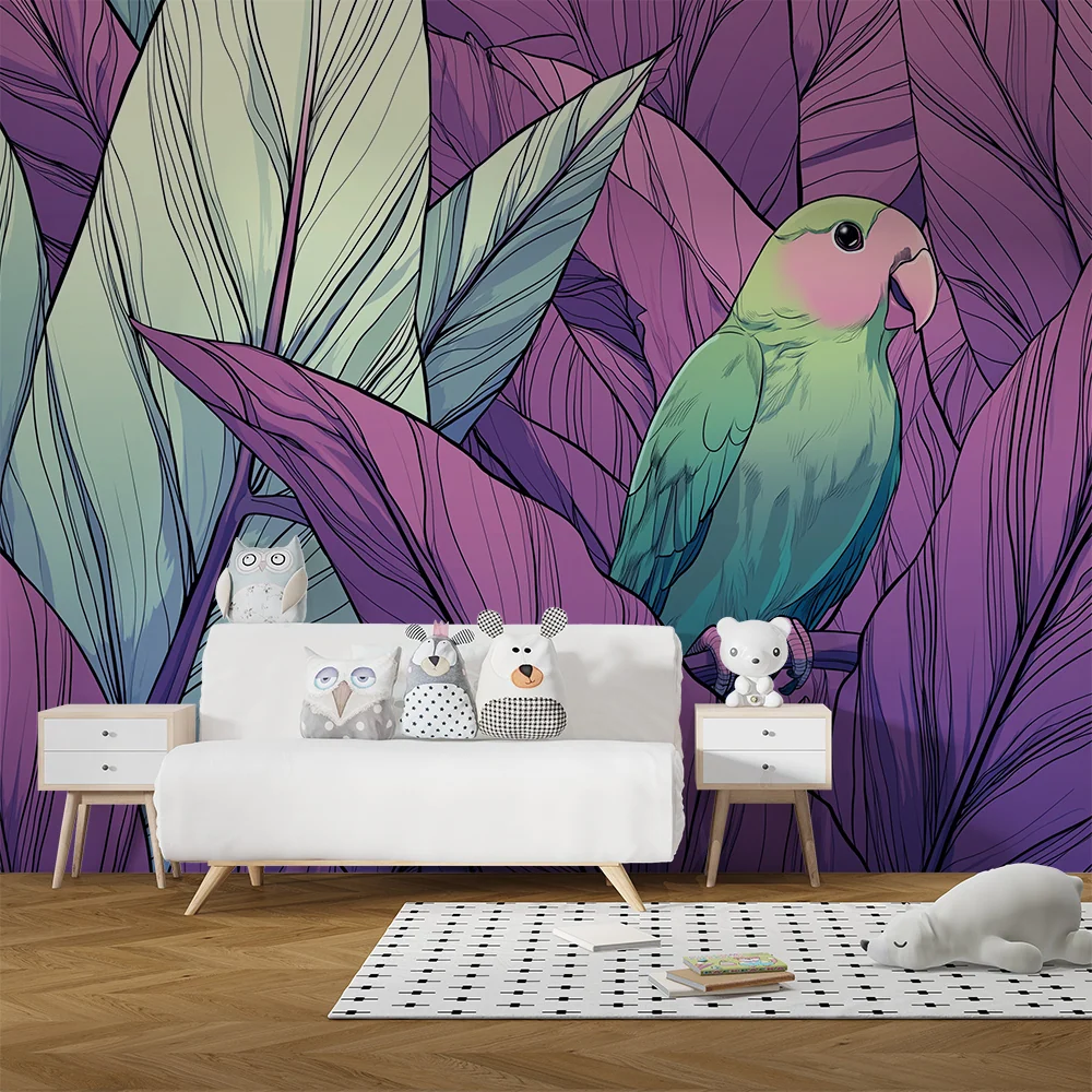 Papel de parede crianç | Pasăre colorată printre frunze tropicale