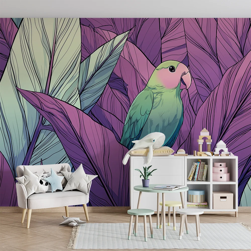 Papel de parede crianç | Pasăre colorată printre frunze tropicale