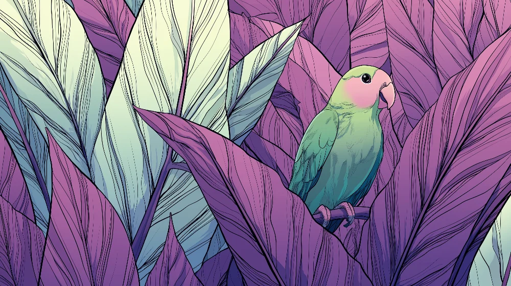 Papel de parede crianç | Pasăre colorată printre frunze tropicale