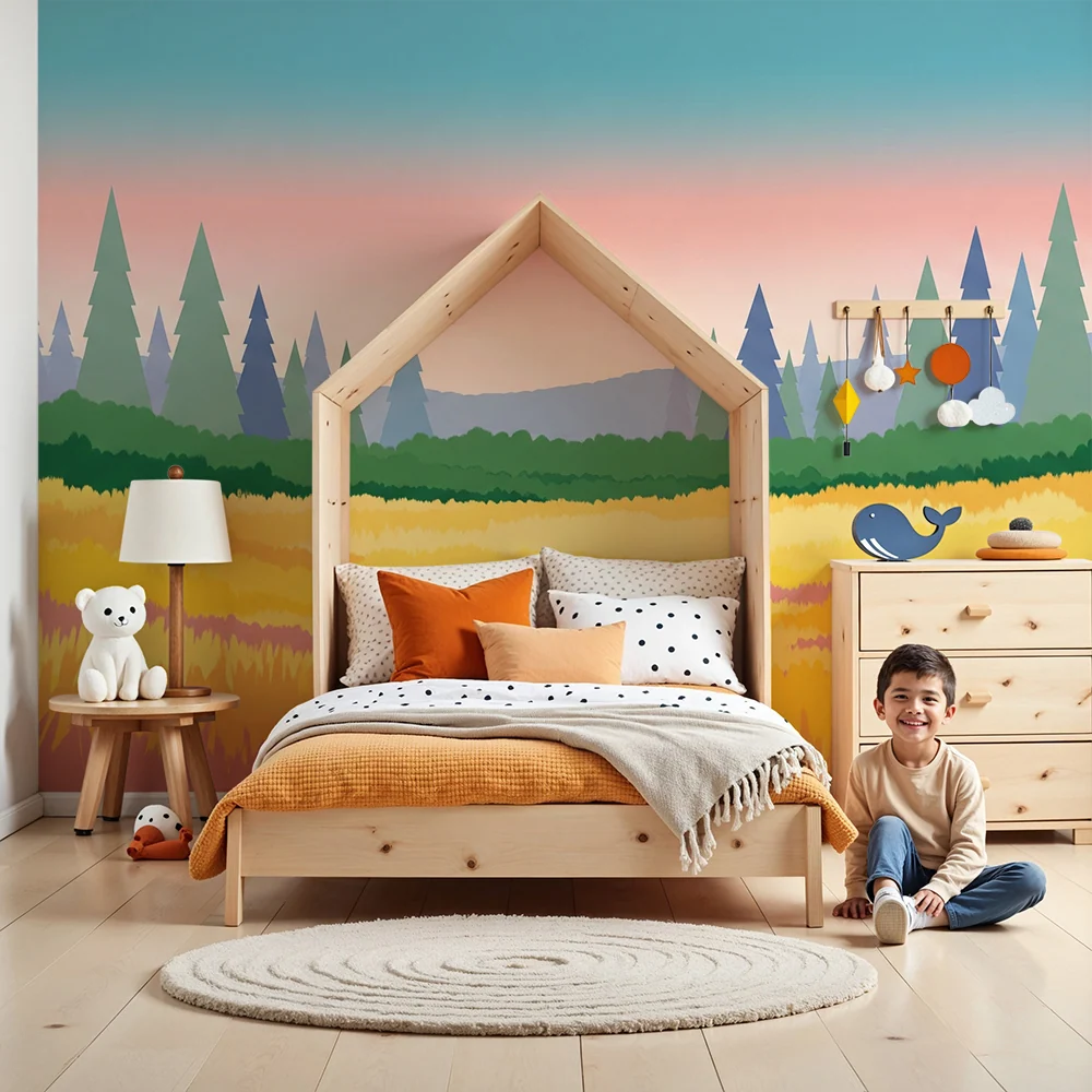 Papel de parede crianç | Peisaj colorat cu copaci stilizați