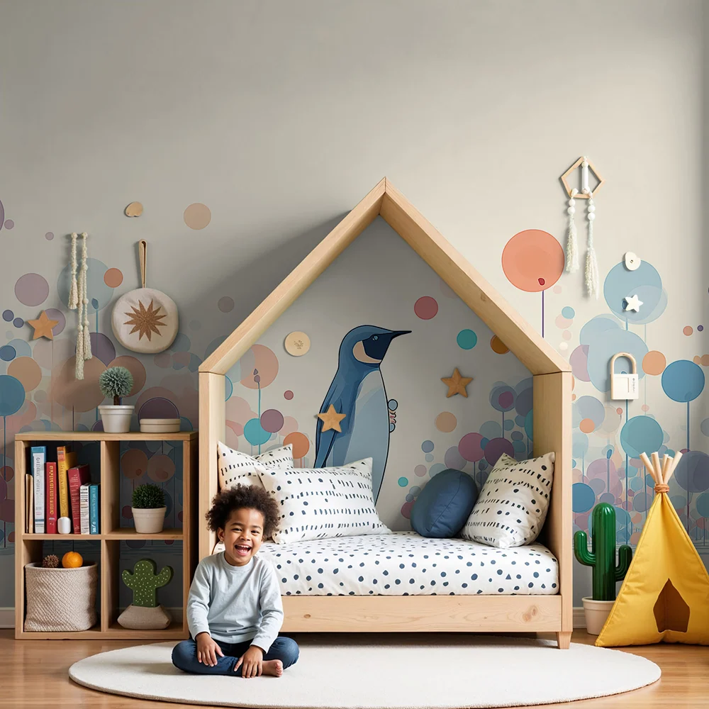 Papel de parede crianç | Pingüim no meio de bolhas coloridas