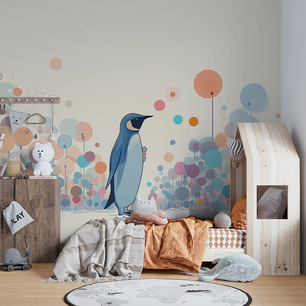 Papel de parede crianç | Pingüim no meio de bolhas coloridas