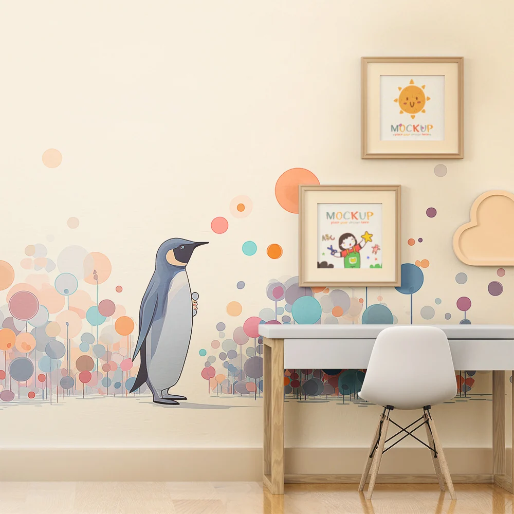 Papel de parede crianç | Pingüim no meio de bolhas coloridas