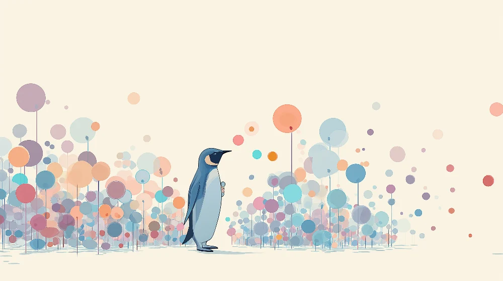 Papel de parede crianç | Pingüim no meio de bolhas coloridas