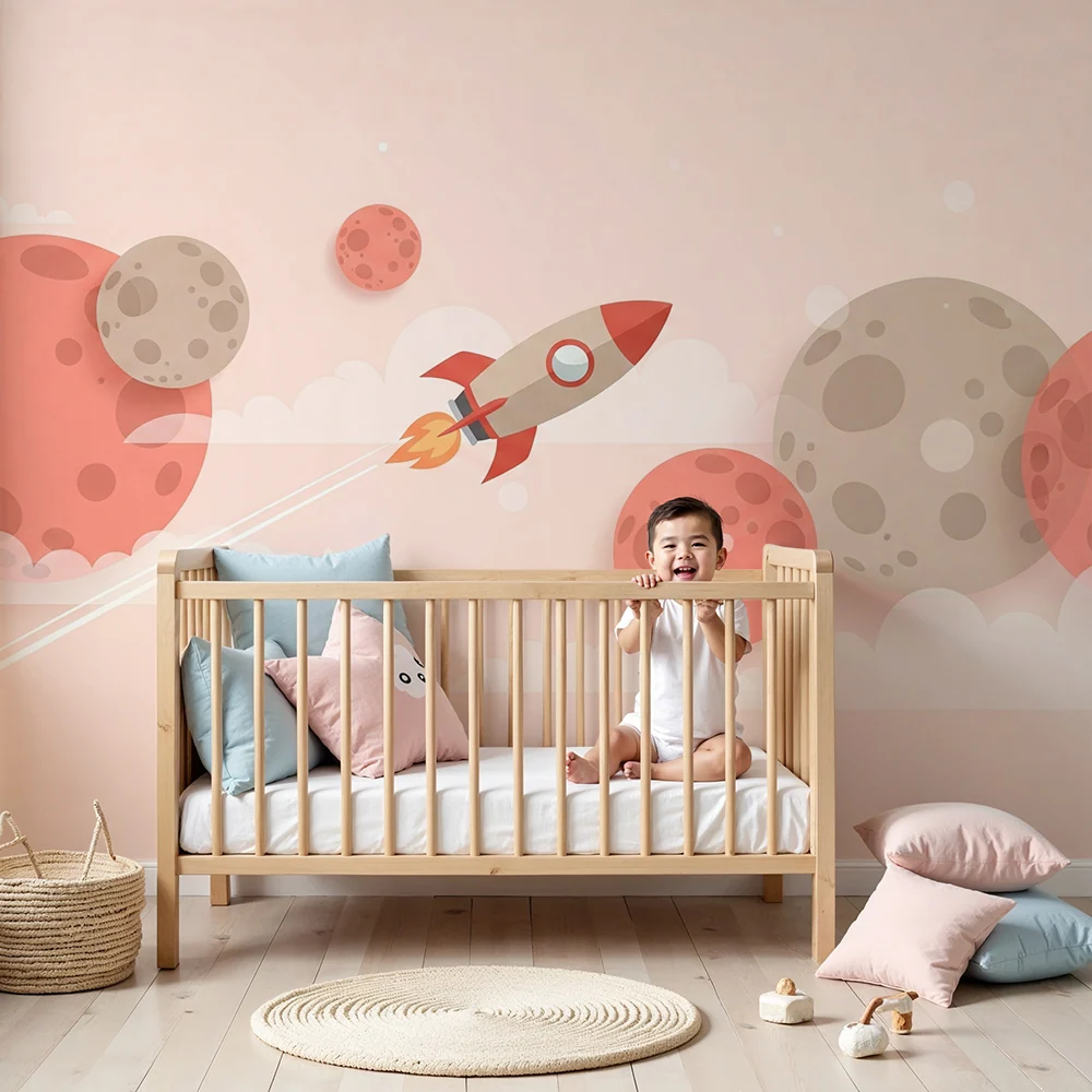 Papel de parede crianç | Rachetă și planete colorate pe un cer pastel