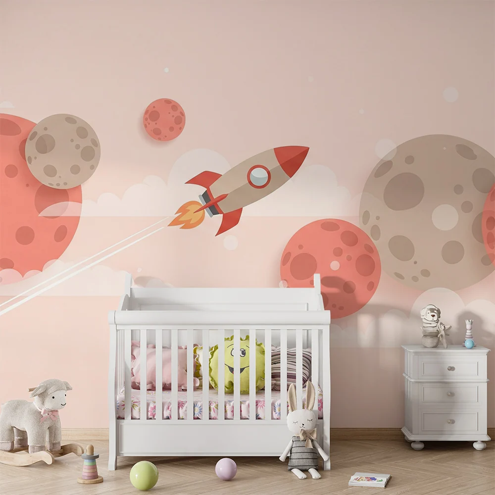 Papel de parede crianç | Rachetă și planete colorate pe un cer pastel