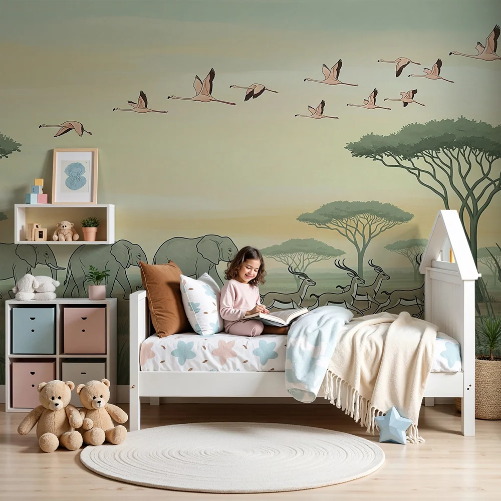 Papel de parede crianç | Safari entre pământ și aer cu elefanți și flamingo-uri