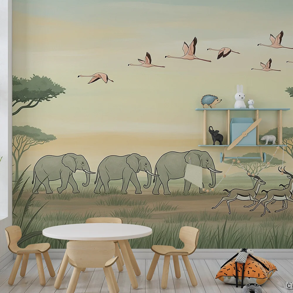 Papel de parede crianç | Safari entre pământ și aer cu elefanți și flamingo-uri