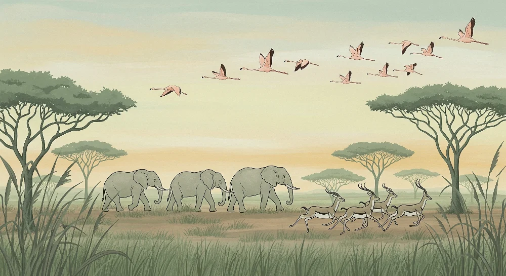 Papel de parede crianç | Safari entre pământ și aer cu elefanți și flamingo-uri