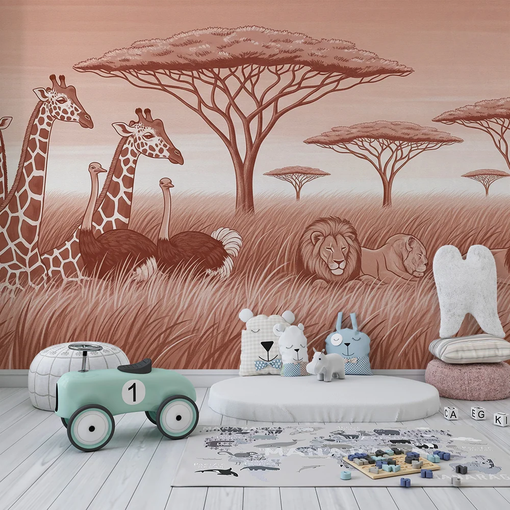 Papel de parede crianç | Safari monocromático com animais majestosos