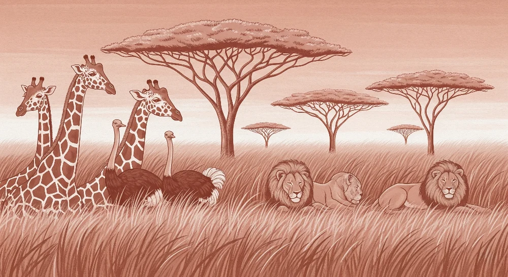 Papel de parede crianç | Safari monocromático com animais majestosos