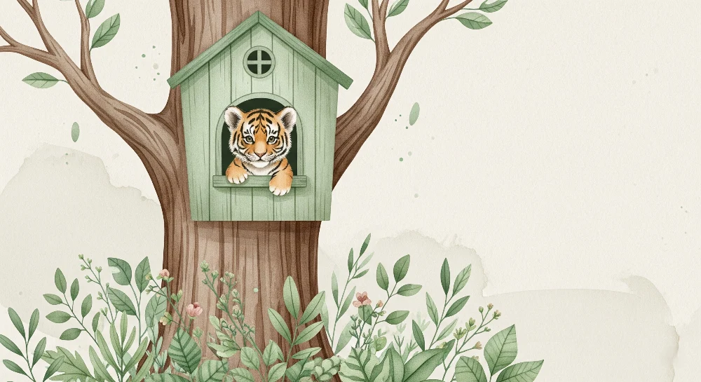 Papel de parede crianç | Tigre travesso em sua casa na árvore