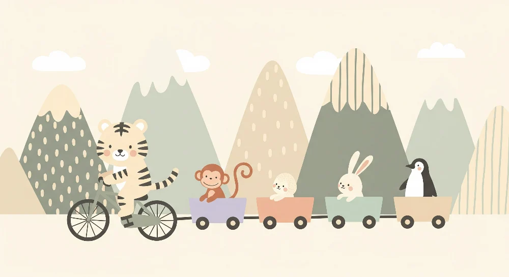 Papel de parede crianç | Tigru pe bicicletă cu prietenii săi animale într-un peisaj montan