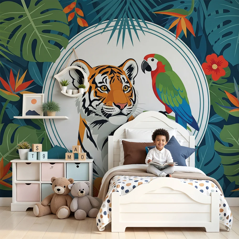 Papel de parede crianç | Tigru majestuos și papagal colorat într-o junglă tropicală