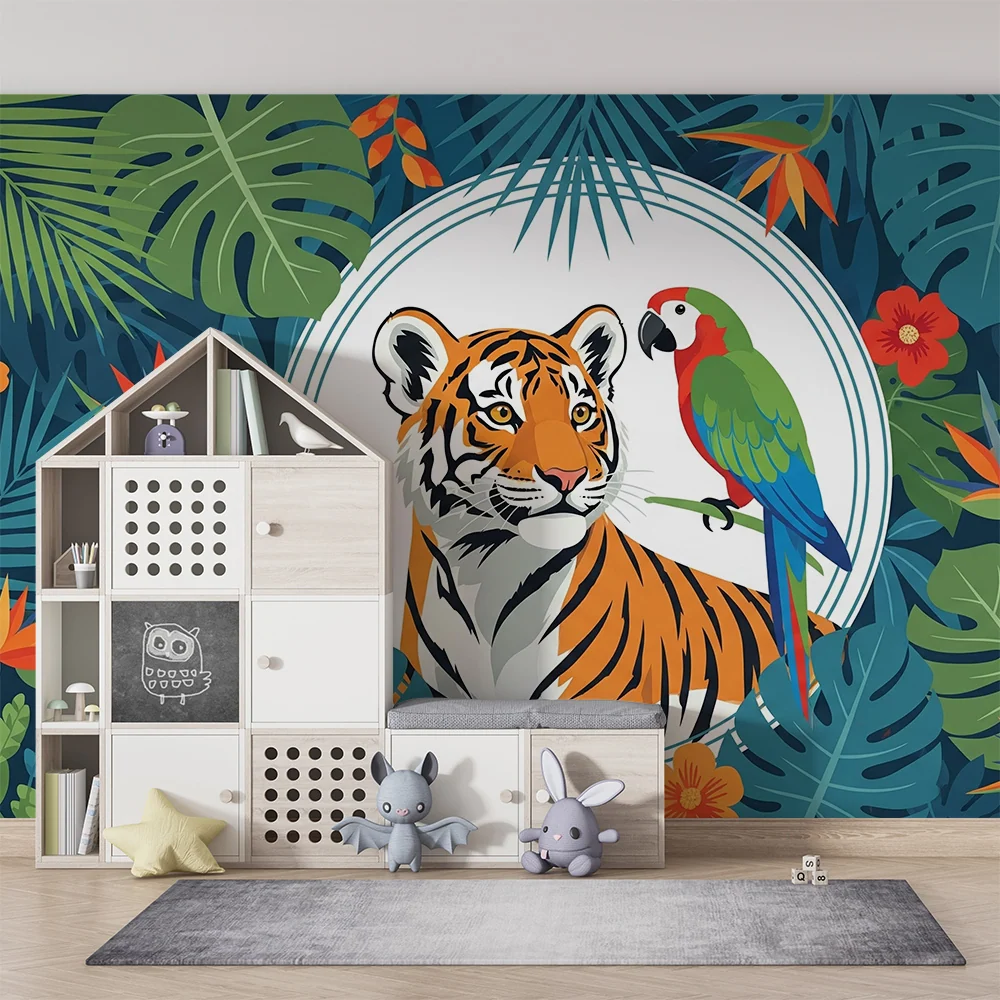 Papel de parede crianç | Tigru majestuos și papagal colorat într-o junglă tropicală