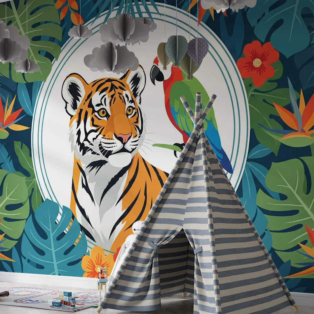 Papel de parede crianç | Tigru majestuos și papagal colorat într-o junglă tropicală