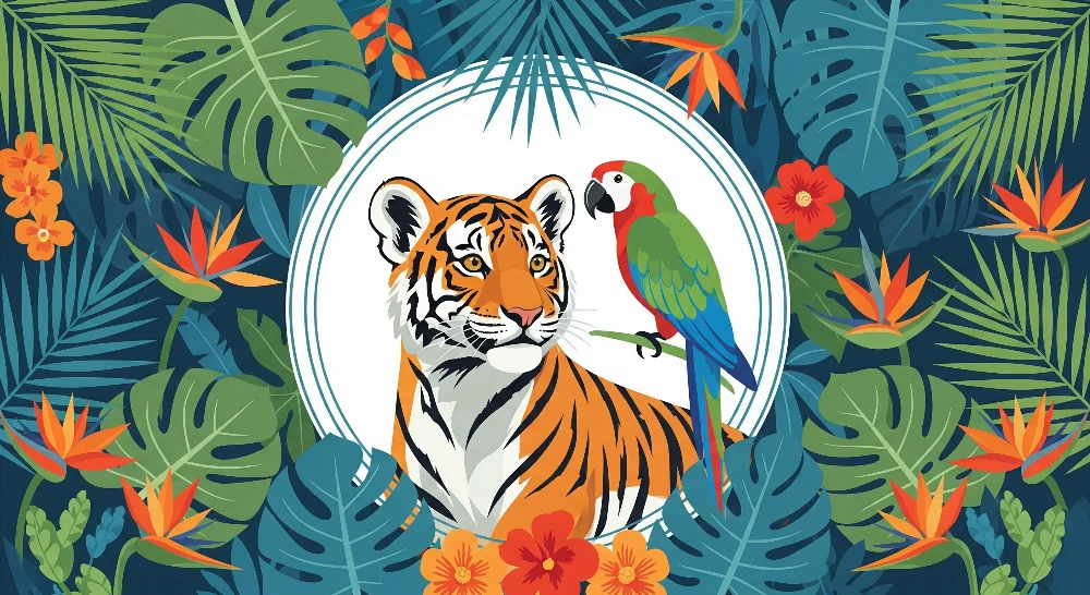 Papel de parede crianç | Tigru majestuos și papagal colorat într-o junglă tropicală