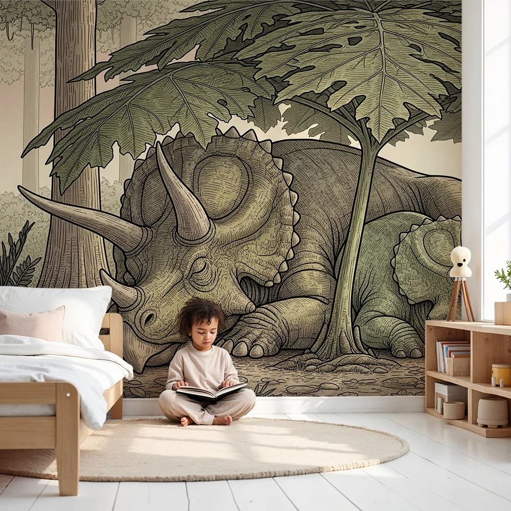 Papel de parede crianç | Triceratops pacíficos sob uma folhagem luxuriante