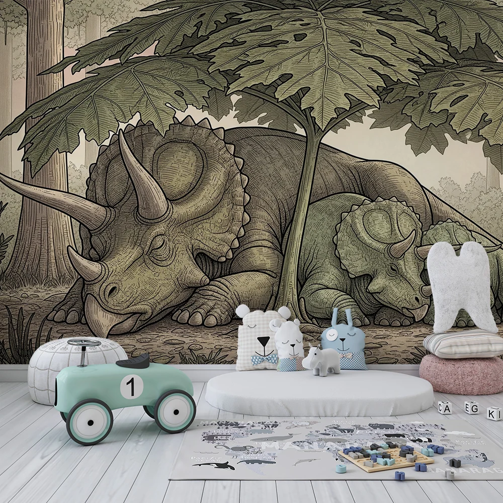 Papel de parede crianç | Triceratops pacíficos sob uma folhagem luxuriante