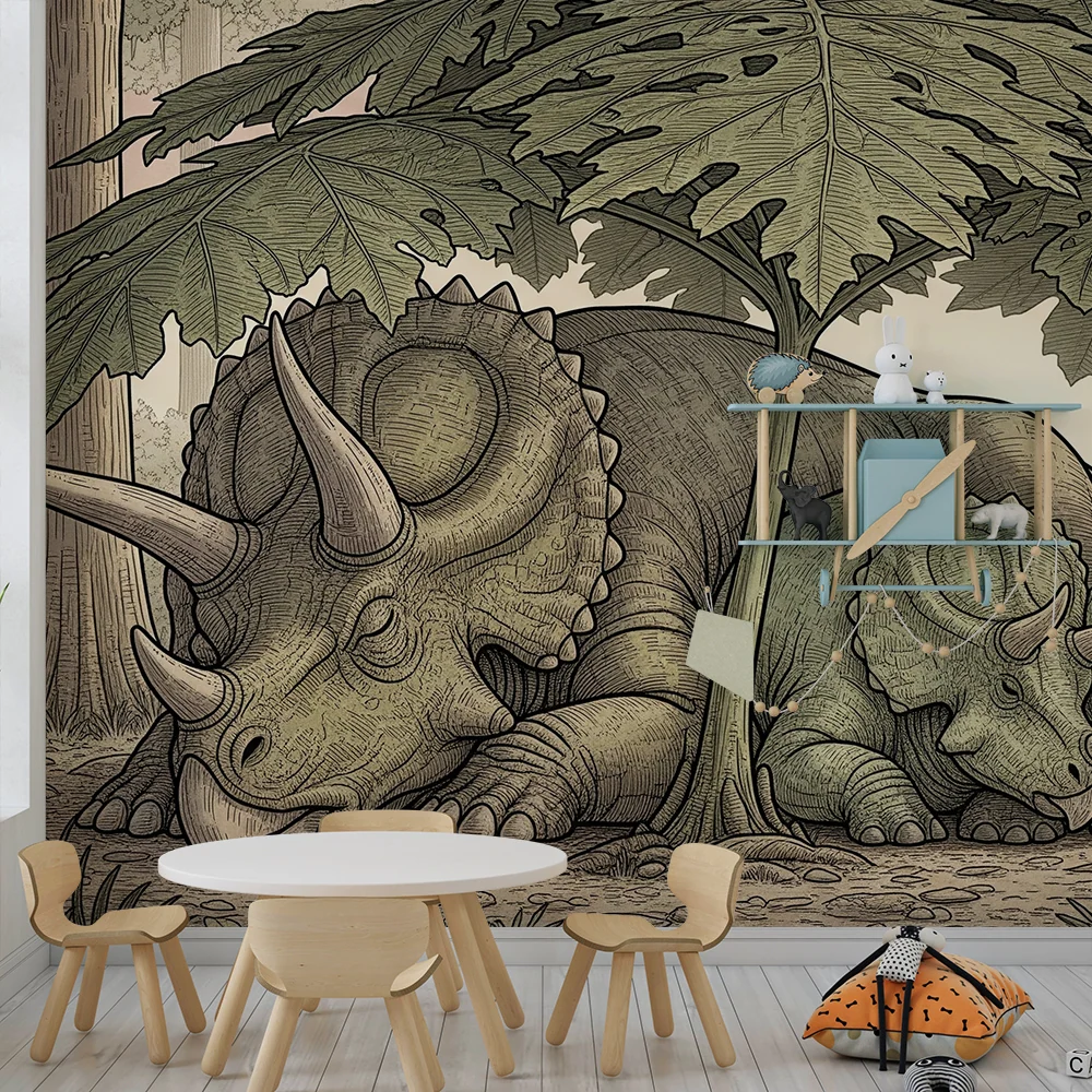 Papel de parede crianç | Triceratops pacíficos sob uma folhagem luxuriante