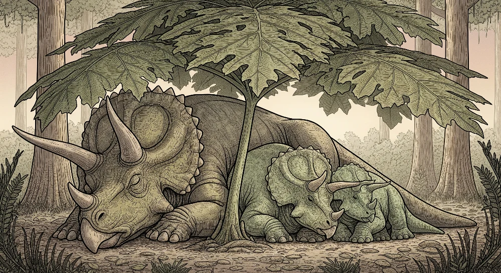 Papel de parede crianç | Triceratops pacíficos sob uma folhagem luxuriante