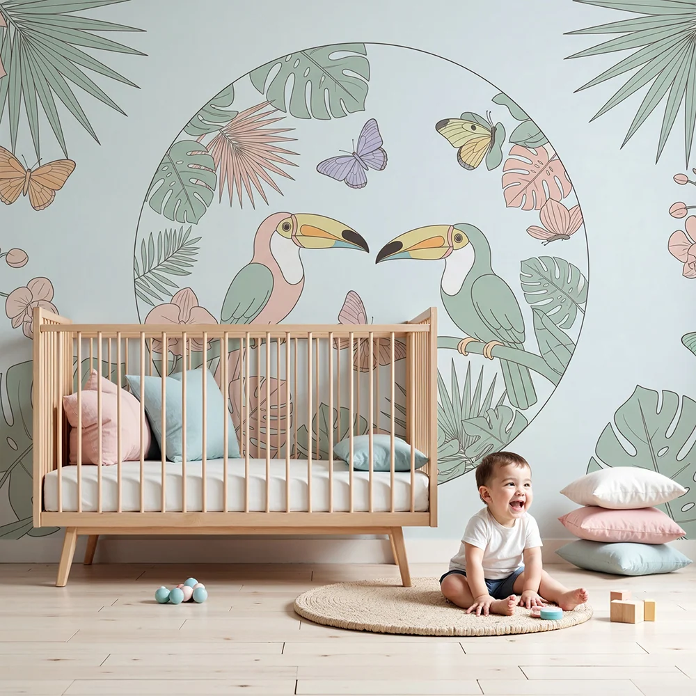 Papel de parede crianç | Tucani colorați și flori tropicale într-o decorare fermecătoare