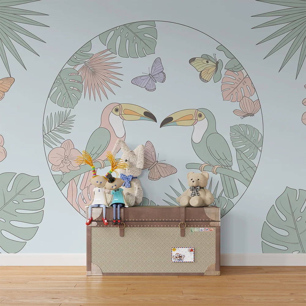Papel de parede crianç | Tucani colorați și flori tropicale într-o decorare fermecătoare