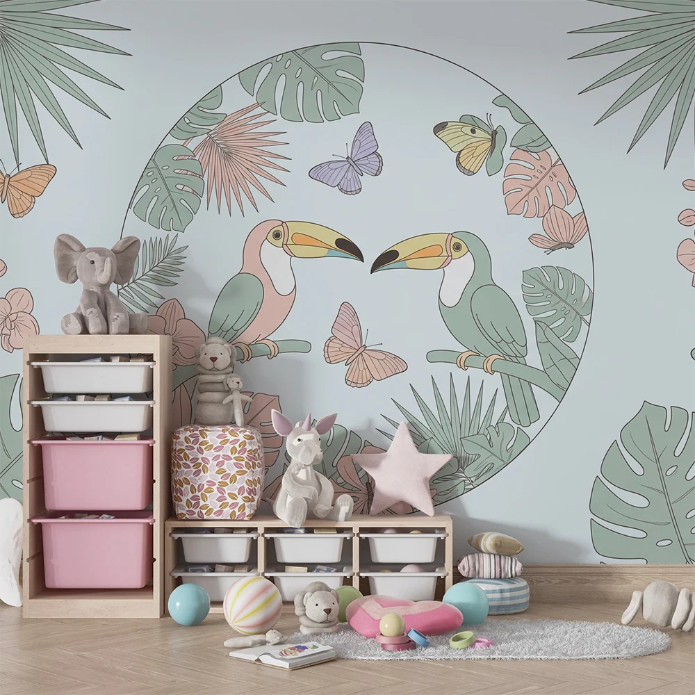 Papel de parede crianç | Tucani colorați și flori tropicale într-o decorare fermecătoare