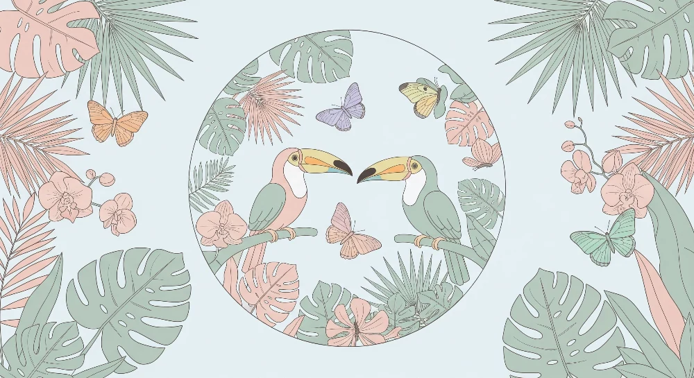 Papel de parede crianç | Tucani colorați și flori tropicale într-o decorare fermecătoare