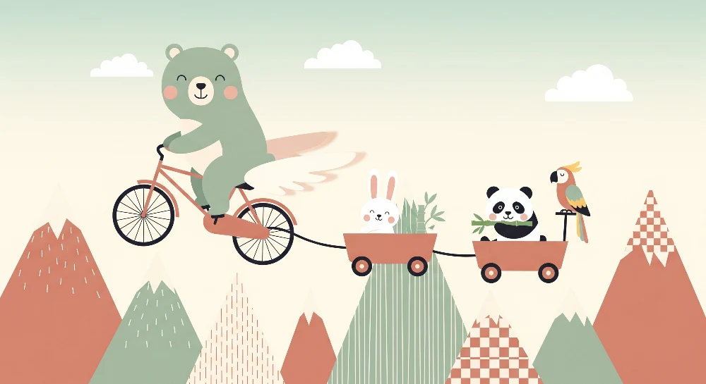 Papel de parede crianç | Urs pe bicicletă cu prietenii săi animale într-un peisaj muntos
